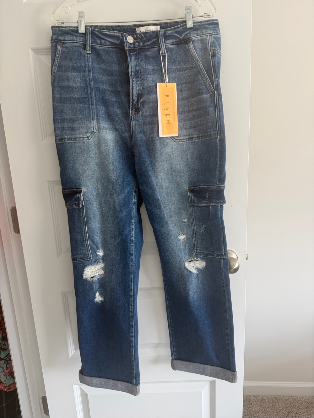 Risen Women’s Distressed Cargo-Style Jeans - Dark Blue